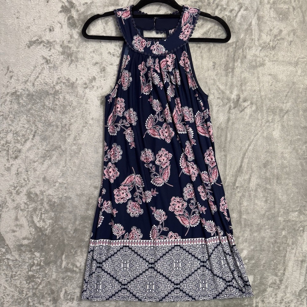 Boho Floral Border Print Dress M Halter Neck Sleeveless Shift Sundress Navy Pink